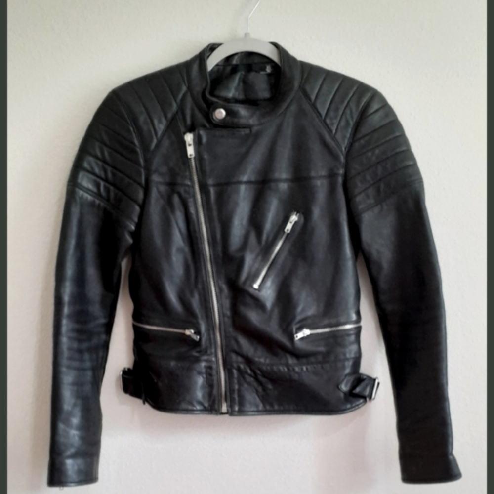 BLK DNM Leather Jacket Accordion Nehru Collar XS Padded Motorcyle Moto Chic